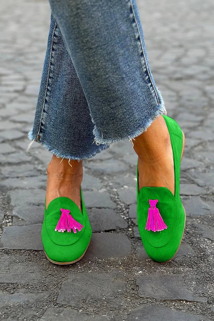 Isabela | Mocassino Verdi Con Frange Fucsia
