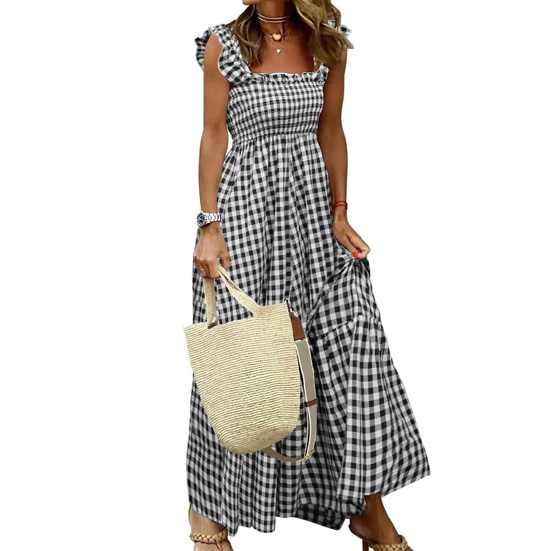 Sandra | Retro Checked Smocked Midi Dress