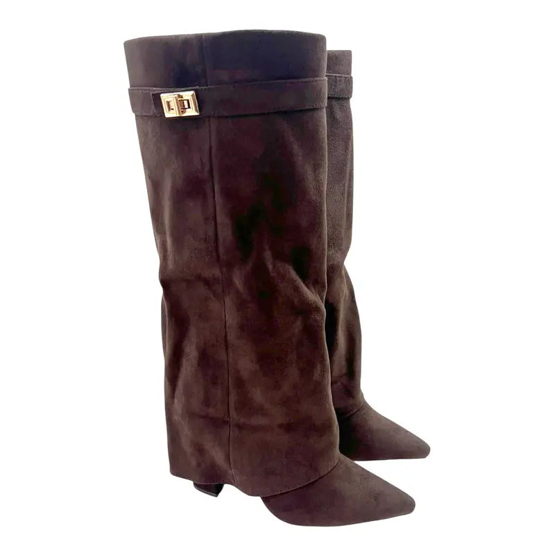 SARAH™ - Stivali Alti Donna con Tacco a Blocco in Pelle Scamosciata da 10 cm, Pieghevoli con Fibbia, Scarpe Eleganti da Passeggio