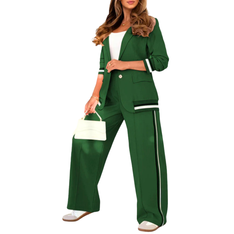 SUZETTE™ – Set Top Elegante con Collo a Revers in Patchwork e Pantaloni a Vita Elasticizzata