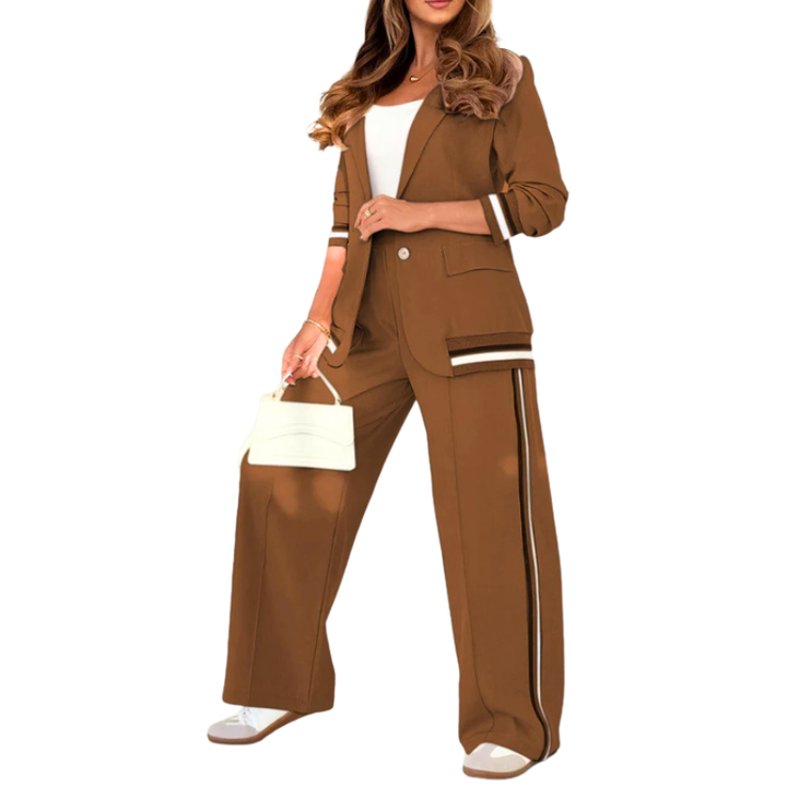 SUZETTE™ – Set Top Elegante con Collo a Revers in Patchwork e Pantaloni a Vita Elasticizzata