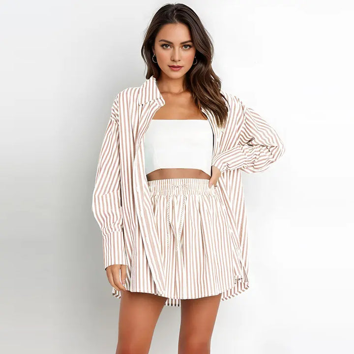 TIFY™ – Completo Coordinato Camicia a Righe con Colletto e Shorts a Gamba Larga