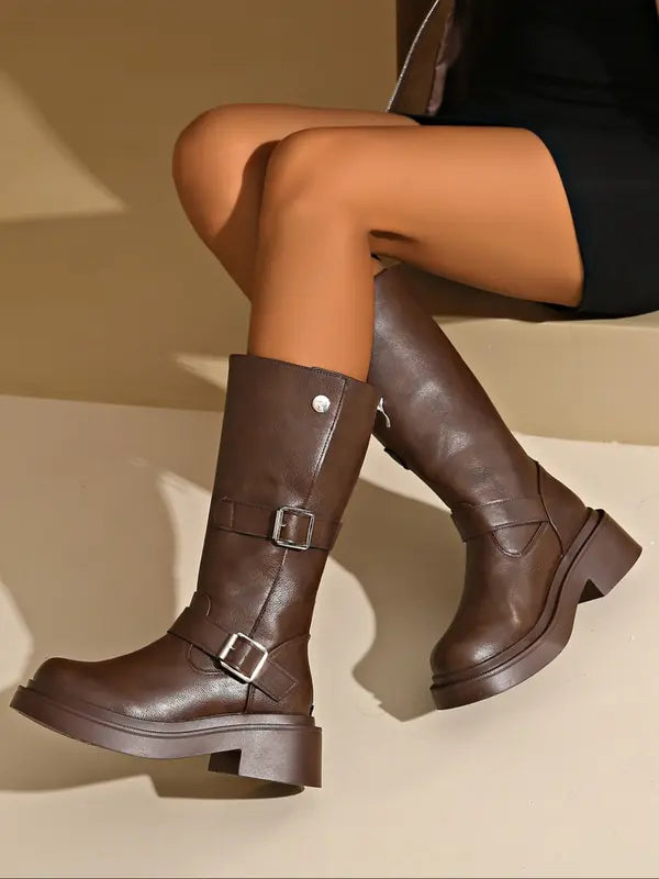 JEAN™ - Stivali al Ginocchio da Donna con Tacco Grosso Punta Tonda Vestibilità Slim Scarpe Alte in Morbida Pelle