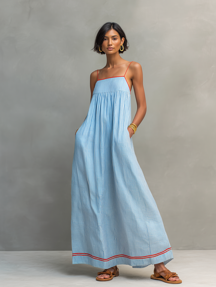 Azzurra | Maxi Dress with Thin Straps and Contrast Detail
