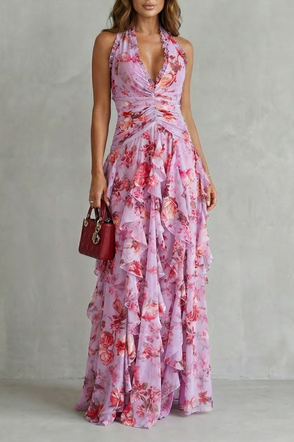 Belladina | Romantic Rose Waterfall Halter Neck Maxi Dress