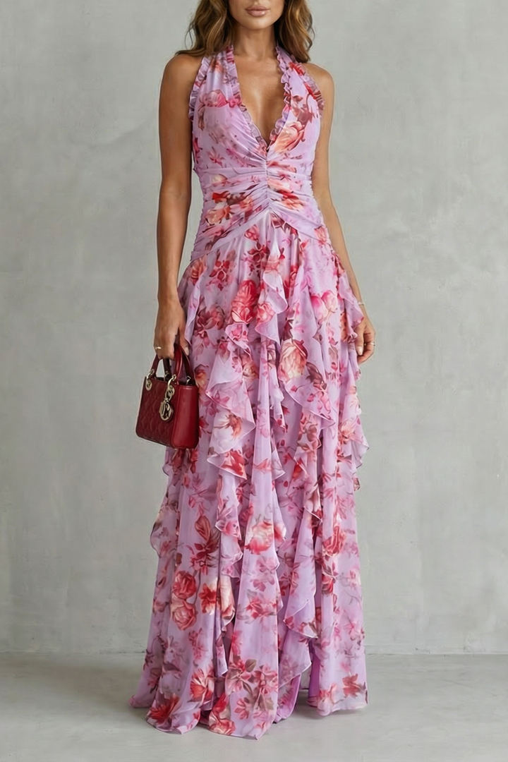 Belladina | Romantic Rose Waterfall Halter Neck Maxi Dress
