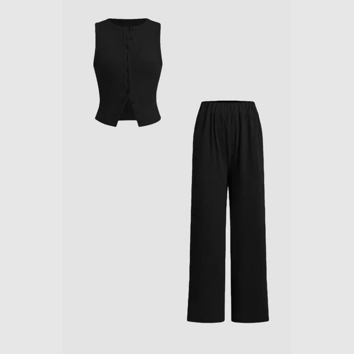CLAIRE™ - Completo top a coste con bottoni e pantaloni elegante