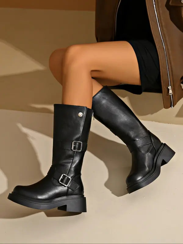 JEAN™ - Stivali al Ginocchio da Donna con Tacco Grosso Punta Tonda Vestibilità Slim Scarpe Alte in Morbida Pelle