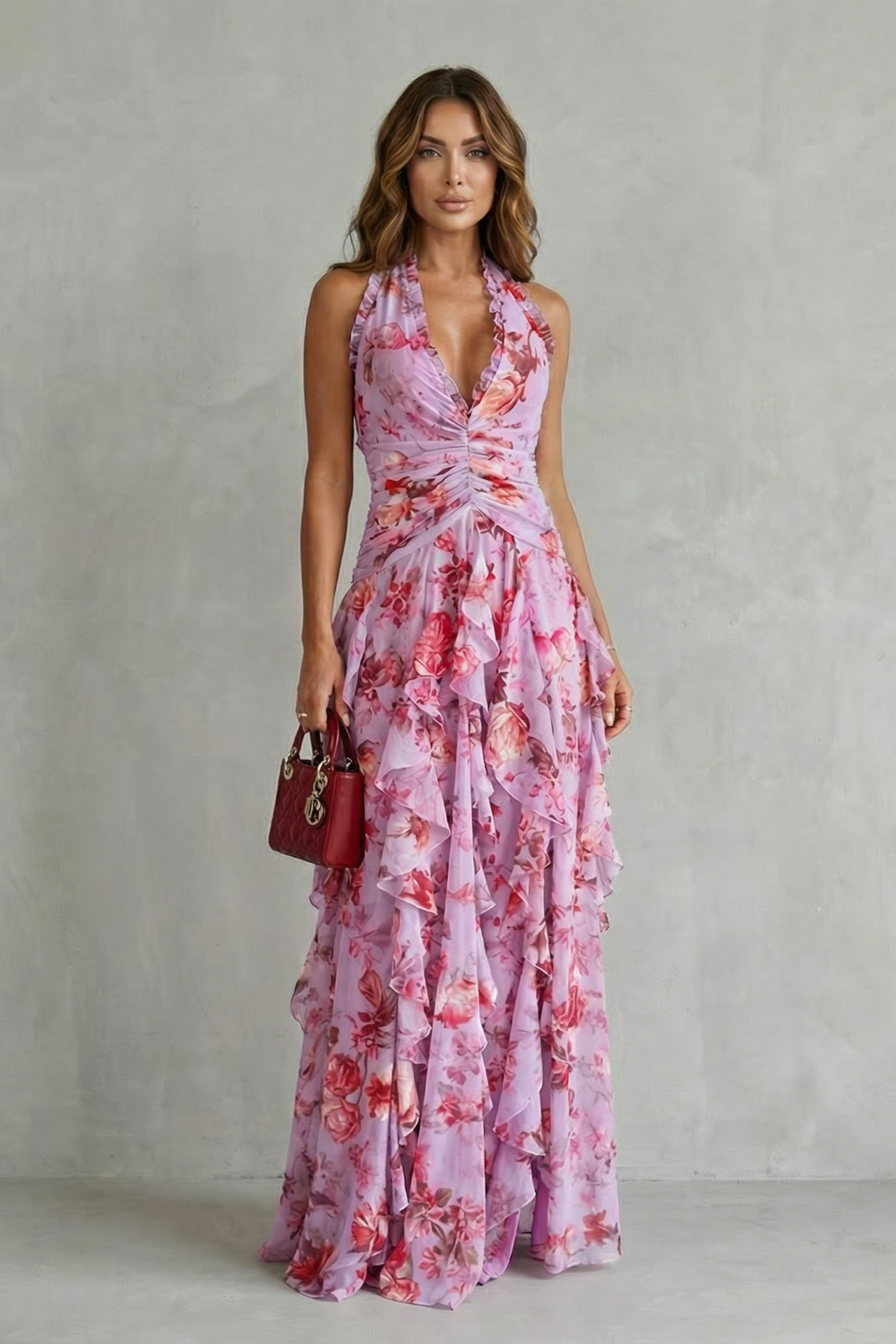 Belladina | Romantic Rose Waterfall Halter Neck Maxi Dress