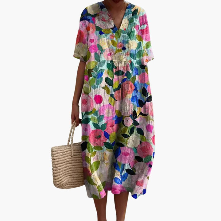Shirley | Floral Cotton V Neck Short Sleeve Oversized Casual Midi Dress