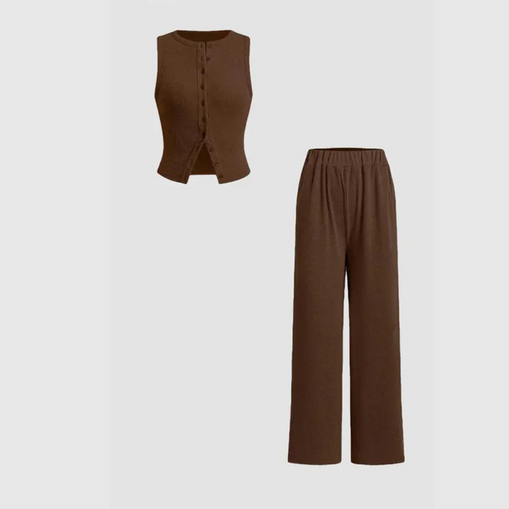 CLAIRE™ - Completo top a coste con bottoni e pantaloni elegante