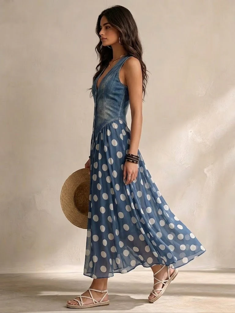 Marisa | Abito Lungo Denim a Pois