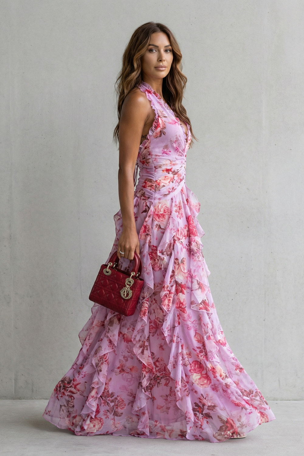 Belladina | Romantic Rose Waterfall Halter Neck Maxi Dress