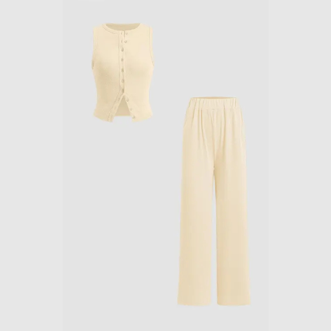 CLAIRE™ - Completo top a coste con bottoni e pantaloni elegante