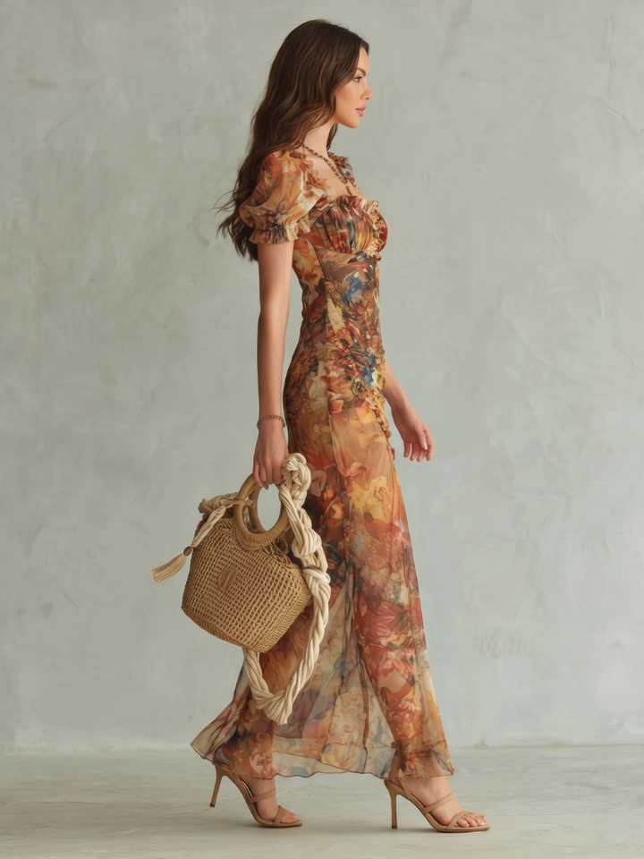 Vestito midi Ciel™ a balze con maniche arricciate e spacco