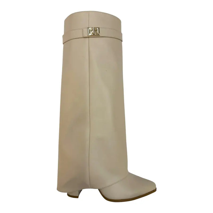 SARAH™ - Stivali Alti Donna con Tacco a Blocco in Pelle Scamosciata da 10 cm, Pieghevoli con Fibbia, Scarpe Eleganti da Passeggio