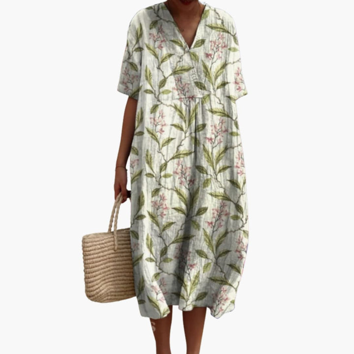 Shirley | Floral Cotton V Neck Short Sleeve Oversized Casual Midi Dress