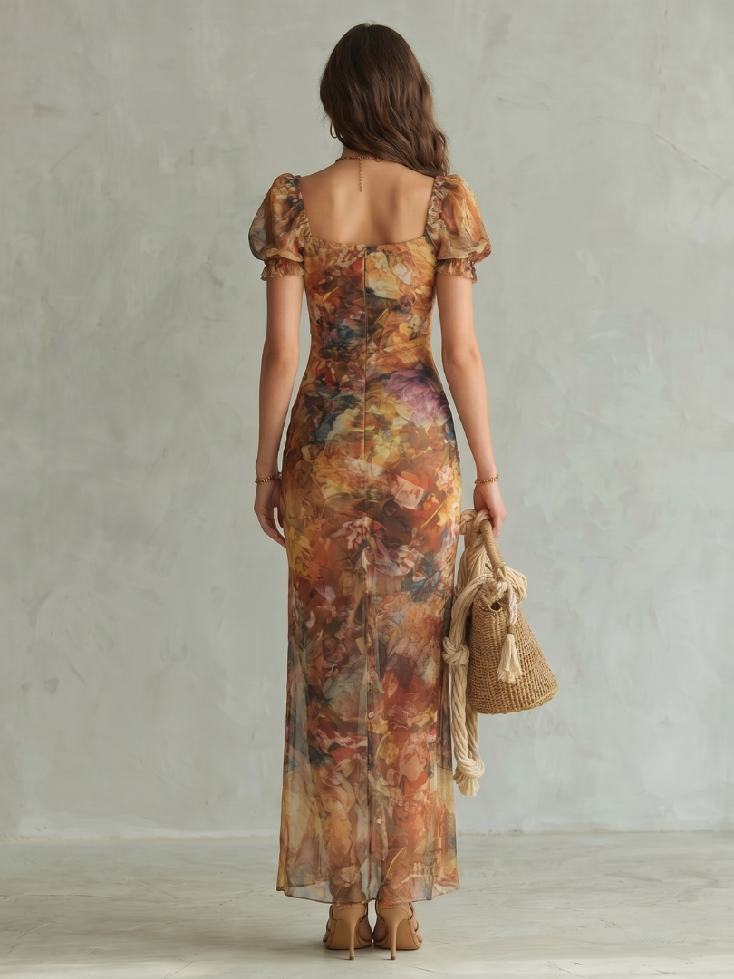 Vestito midi Ciel™ a balze con maniche arricciate e spacco
