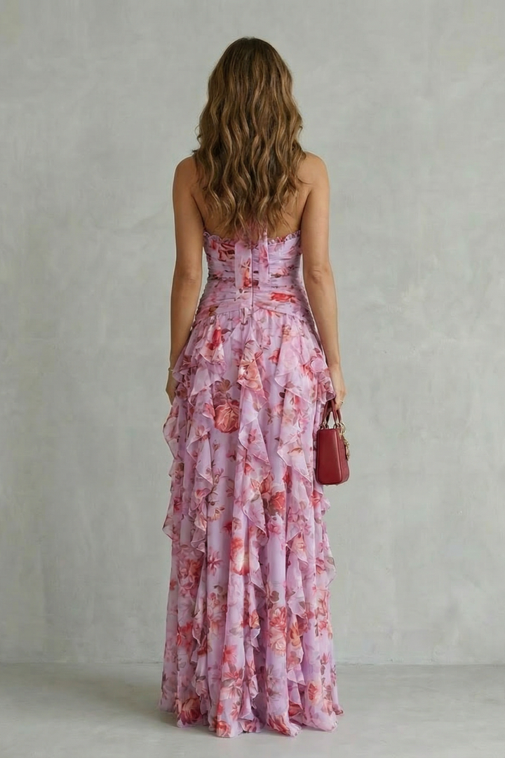 Belladina | Romantic Rose Waterfall Halter Neck Maxi Dress