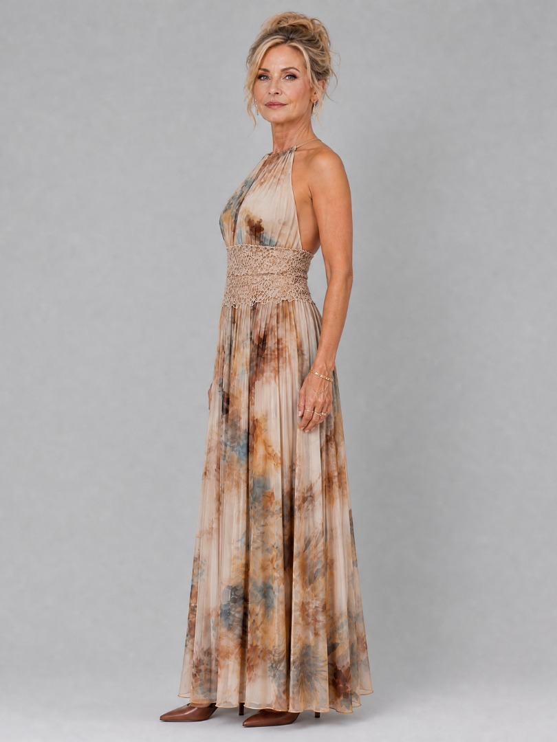 Elavenue™ Abito lungo con scollo all'americana e vita in pizzo