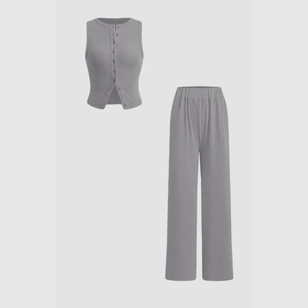 CLAIRE™ - Completo top a coste con bottoni e pantaloni elegante