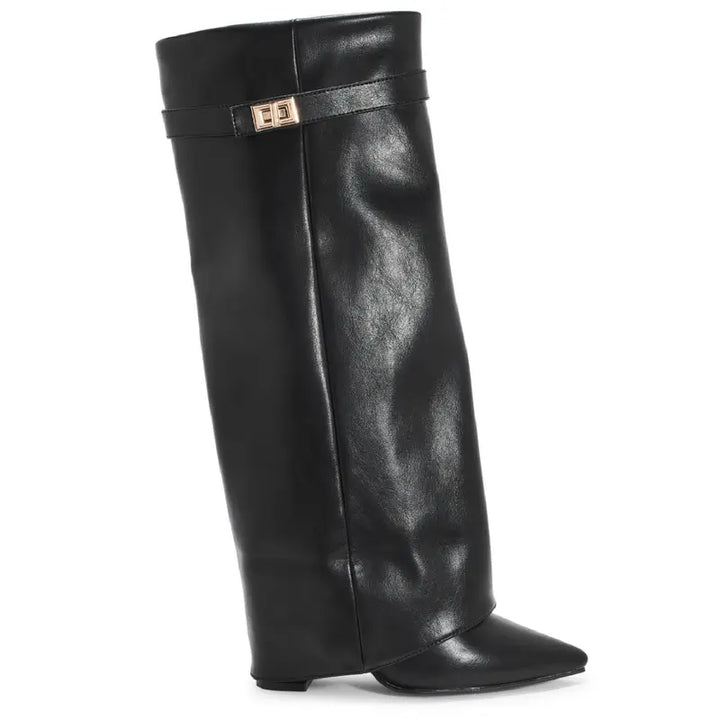 SARAH™ - Stivali Alti Donna con Tacco a Blocco in Pelle Scamosciata da 10 cm, Pieghevoli con Fibbia, Scarpe Eleganti da Passeggio