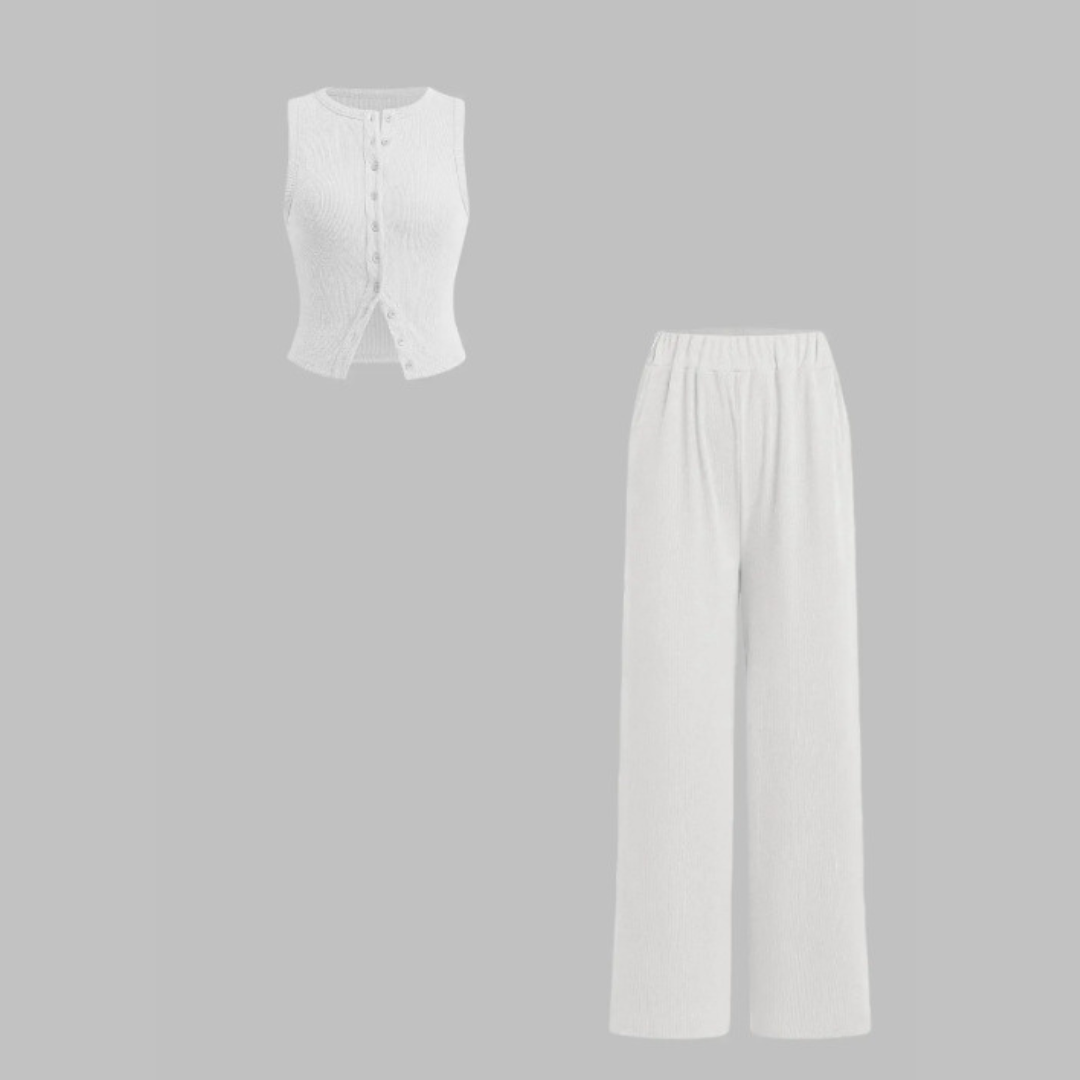 CLAIRE™ - Completo top a coste con bottoni e pantaloni elegante