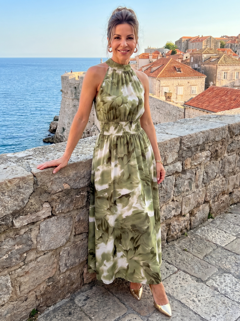 Abito midi Olivia™ con stampa astratta e vita arricciata