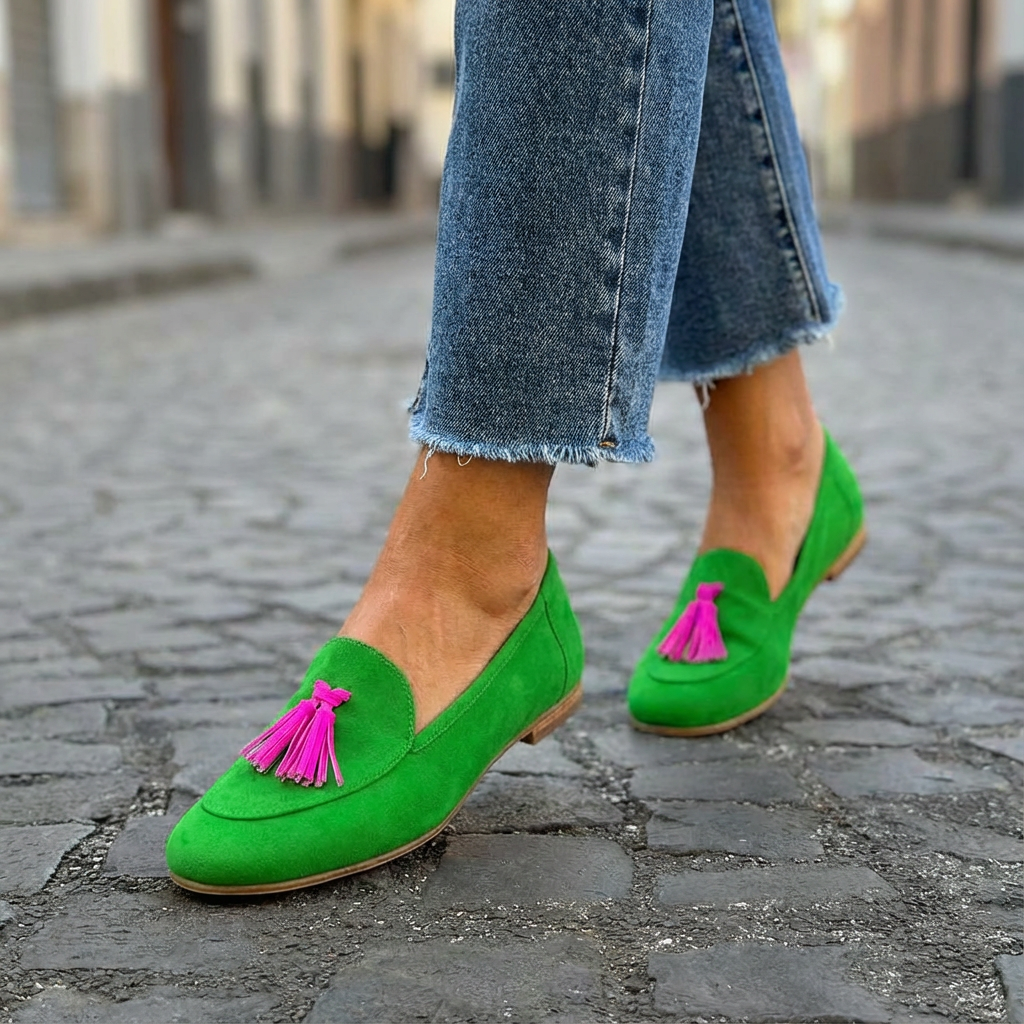 Isabela | Mocassino Verdi Con Frange Fucsia