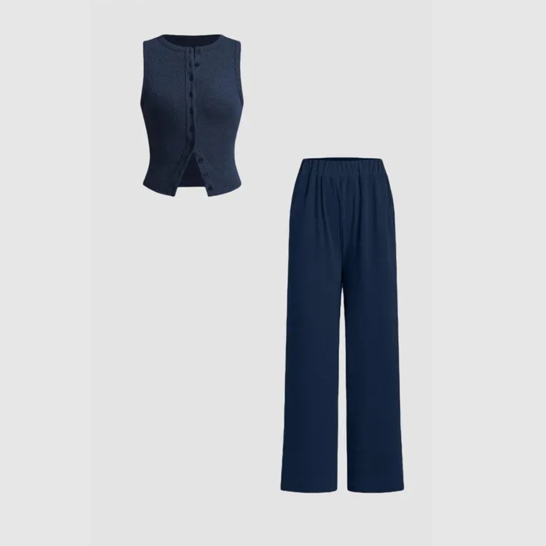 CLAIRE™ - Completo top a coste con bottoni e pantaloni elegante