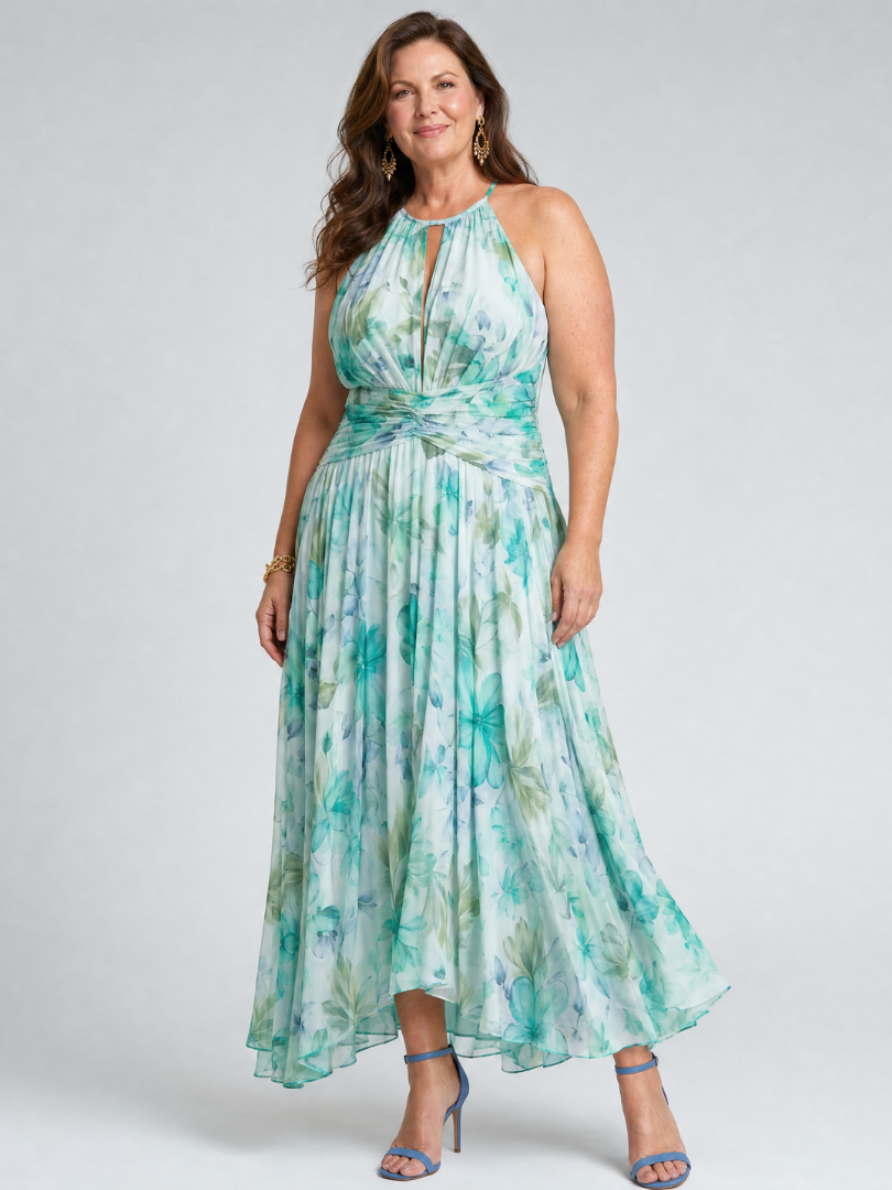 Abito midi Portia™ con scollo all'americana plissettato e stampa floreale delicata