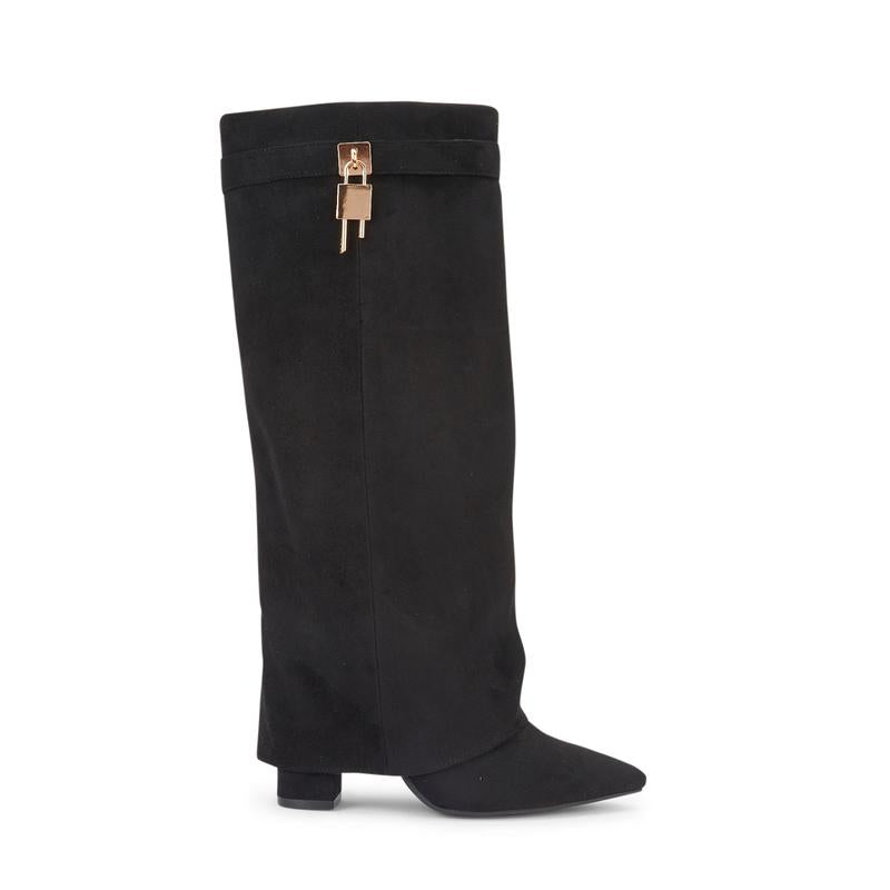 SARAH™ - Stivali Alti Donna con Tacco a Blocco in Pelle Scamosciata da 10 cm, Pieghevoli con Fibbia, Scarpe Eleganti da Passeggio