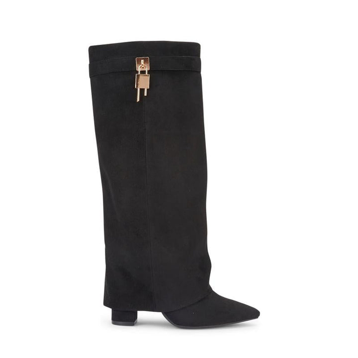 SARAH™ - Stivali Alti Donna con Tacco a Blocco in Pelle Scamosciata da 10 cm, Pieghevoli con Fibbia, Scarpe Eleganti da Passeggio