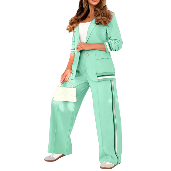 SUZETTE™ – Set Top Elegante con Collo a Revers in Patchwork e Pantaloni a Vita Elasticizzata