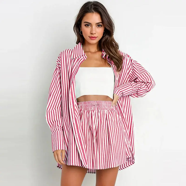TIFY™ – Completo Coordinato Camicia a Righe con Colletto e Shorts a Gamba Larga