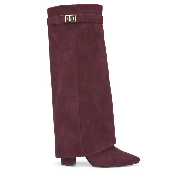SARAH™ - Stivali Alti Donna con Tacco a Blocco in Pelle Scamosciata da 10 cm, Pieghevoli con Fibbia, Scarpe Eleganti da Passeggio