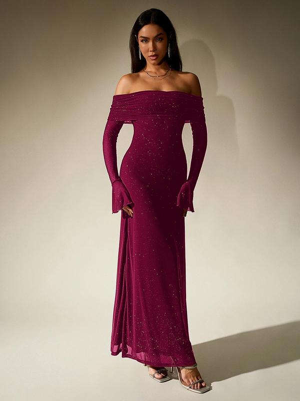 DARCIE™ - Abito da sera fasciante con paillettes arricciate e spalle scoperte