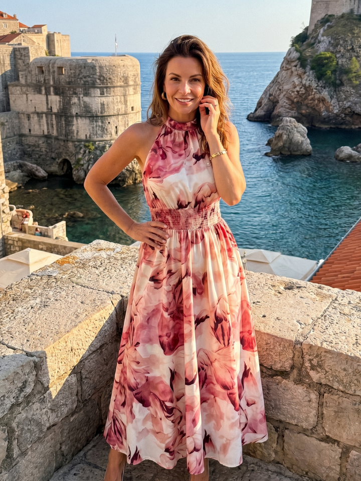 Abito midi Olivia™ con stampa astratta e vita arricciata