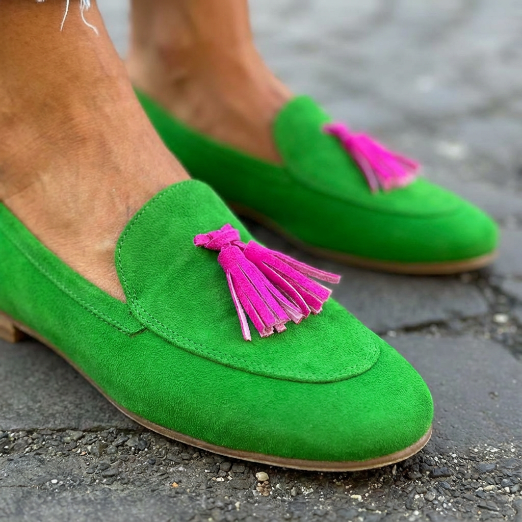 Isabela | Mocassino Verdi Con Frange Fucsia