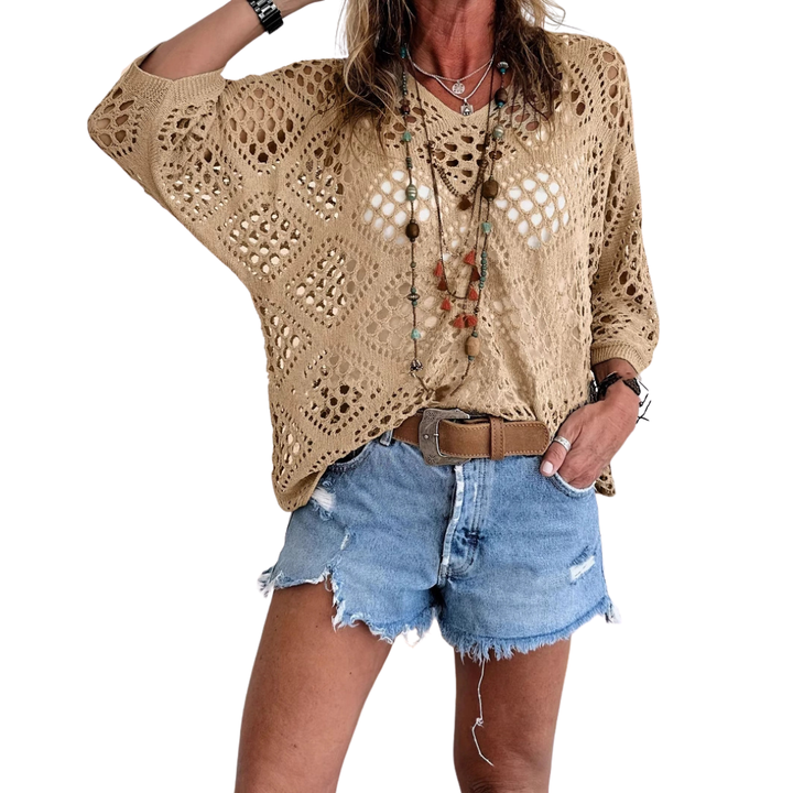 WILLA™ – Top Batwing all'Uncinetto con Motivo a Diamanti Boho