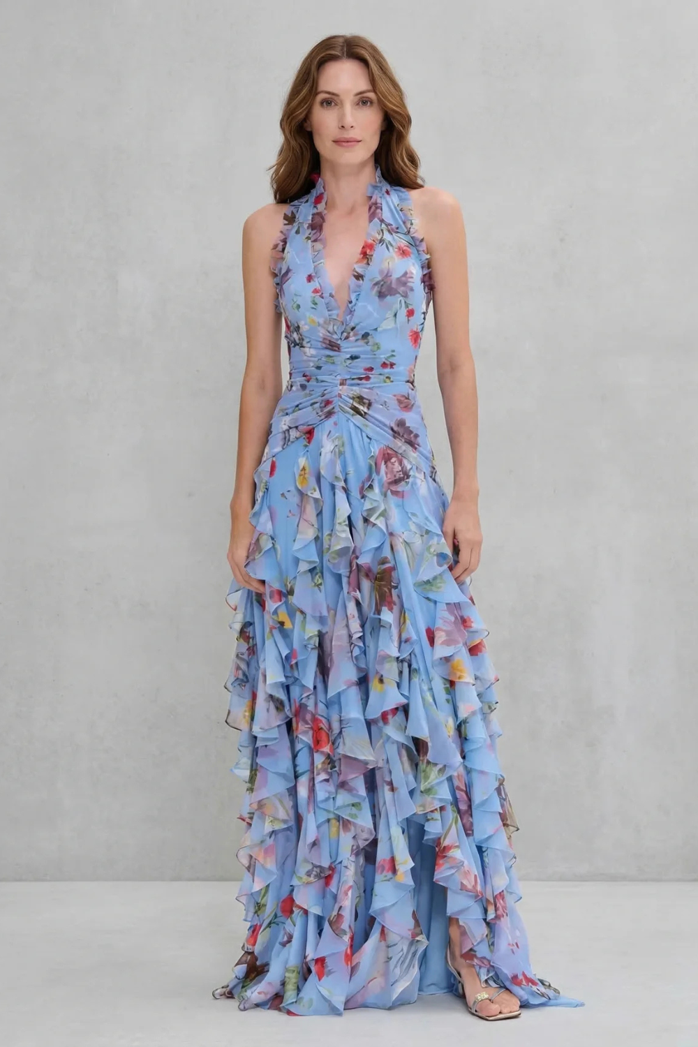 Belladina | Romantic Rose Waterfall Halter Neck Maxi Dress