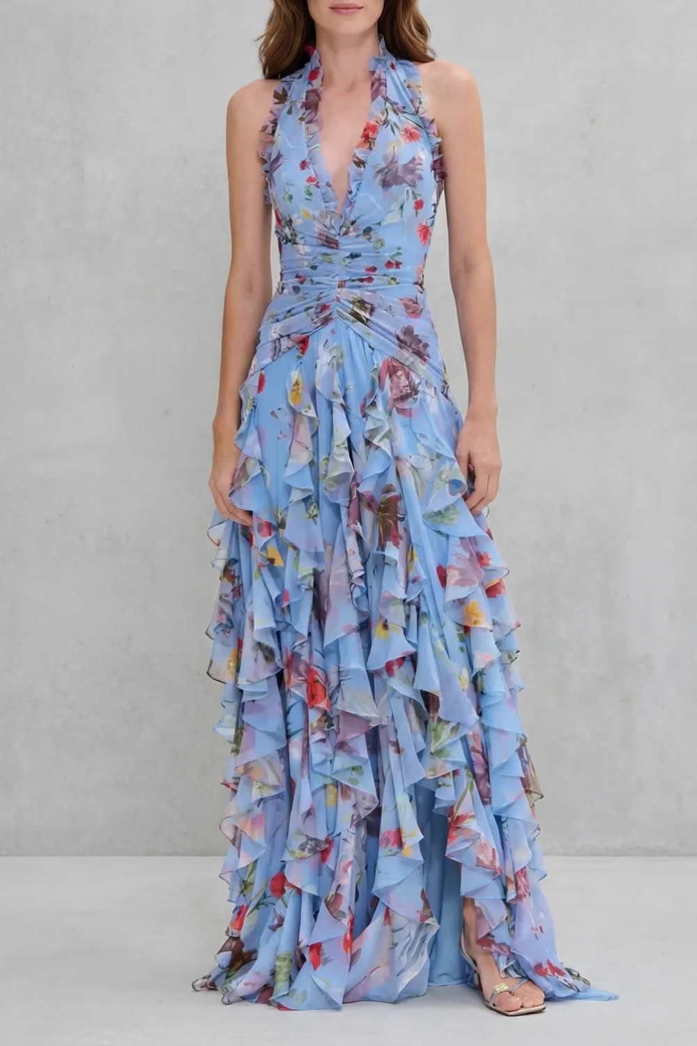 Belladina | Romantic Rose Waterfall Halter Neck Maxi Dress