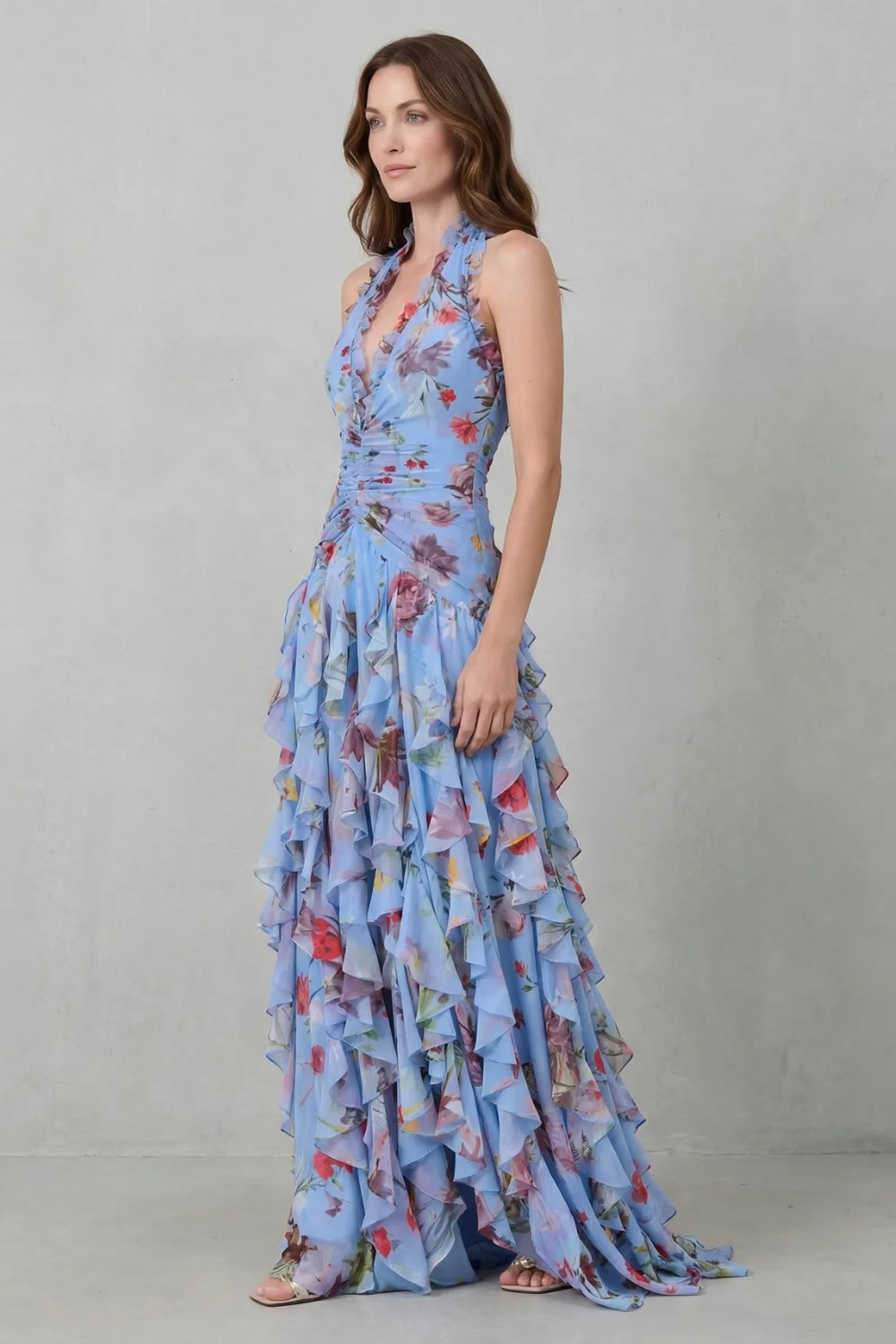 Belladina | Romantic Rose Waterfall Halter Neck Maxi Dress