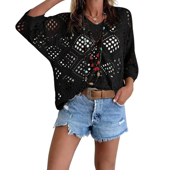 WILLA™ – Top Batwing all'Uncinetto con Motivo a Diamanti Boho