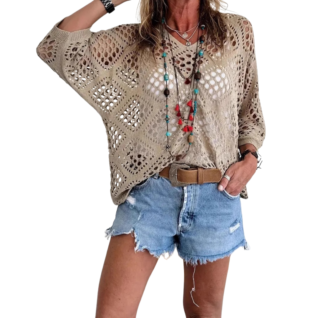 WILLA™ – Top Batwing all'Uncinetto con Motivo a Diamanti Boho