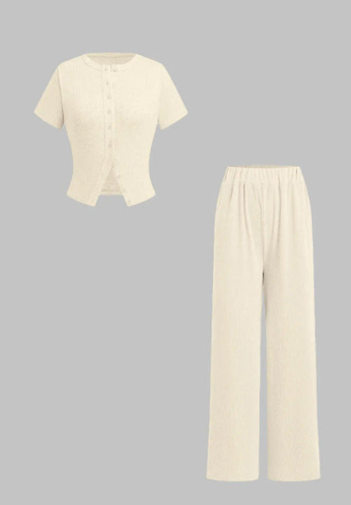 MIRANDA™ - Completo Casuale Top Abbottonato e Pantaloni a Gamba Larga