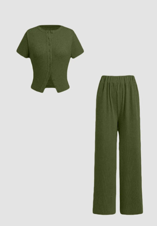 MIRANDA™ - Completo Casuale Top Abbottonato e Pantaloni a Gamba Larga