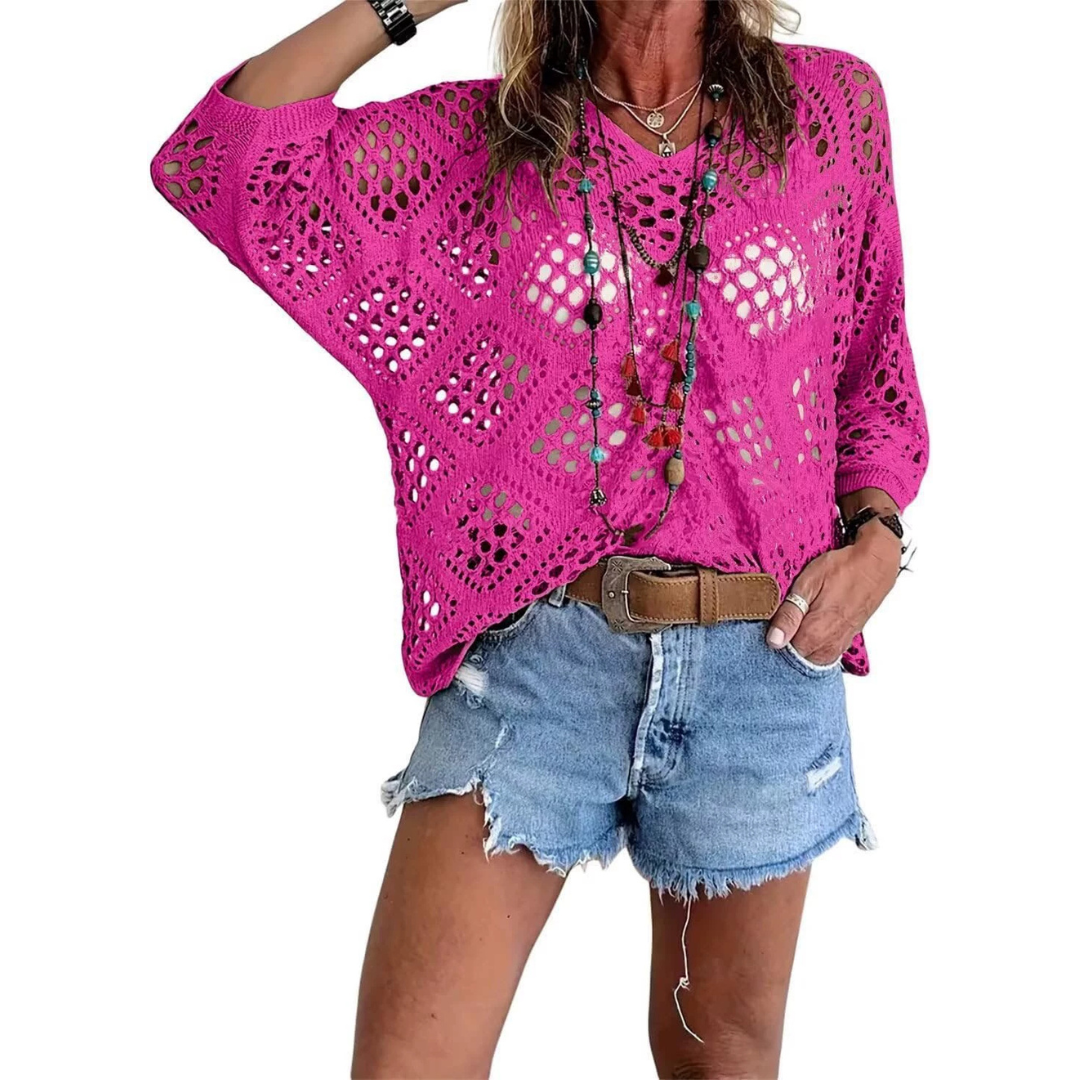 WILLA™ – Top Batwing all'Uncinetto con Motivo a Diamanti Boho