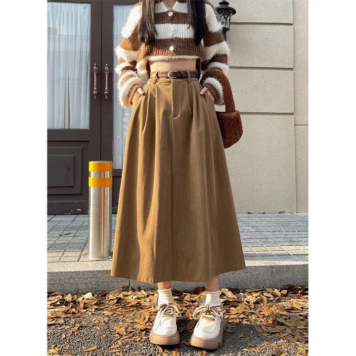 ESTELLE™ – Gonna Midi in Velluto a Coste con Cintura Classica