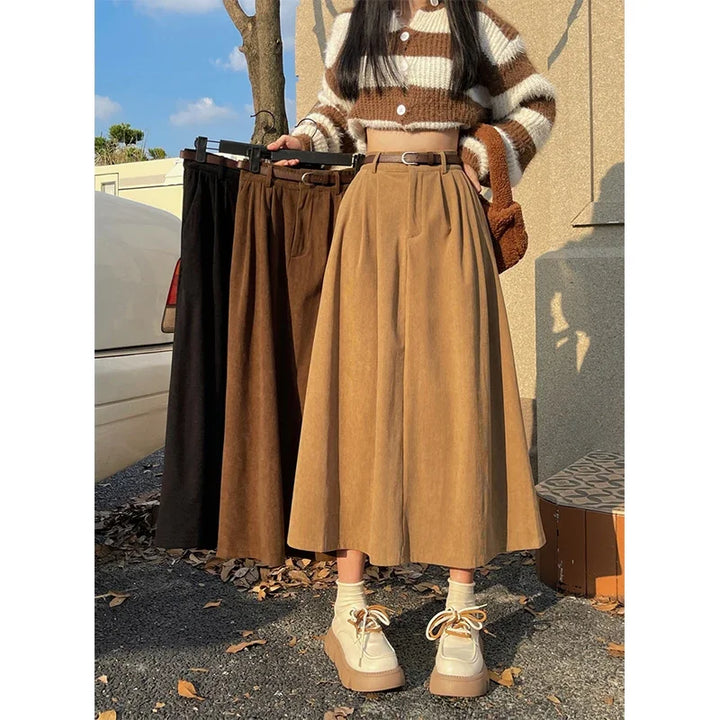 ESTELLE™ – Gonna Midi in Velluto a Coste con Cintura Classica
